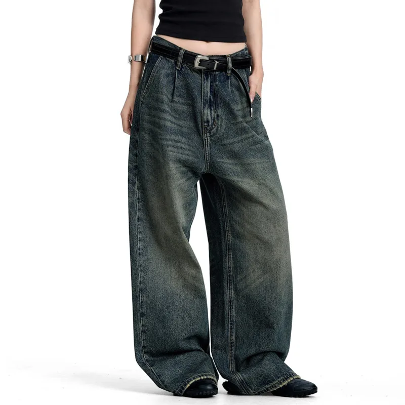 Retro Blue American Straight Leg Jeans For Men Women Loose Street Washed Vintage Design Casual Wide Leg Denim Pants TZCO