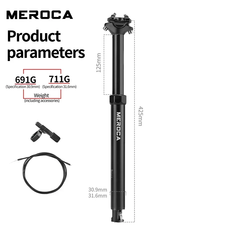 

MEROCA Bicycle Dropper Seatpost 27.2/30.9/31.6x425mm Internal Routing Cable Remote Wire Control Lift Seat Tube Mtb Seat Post