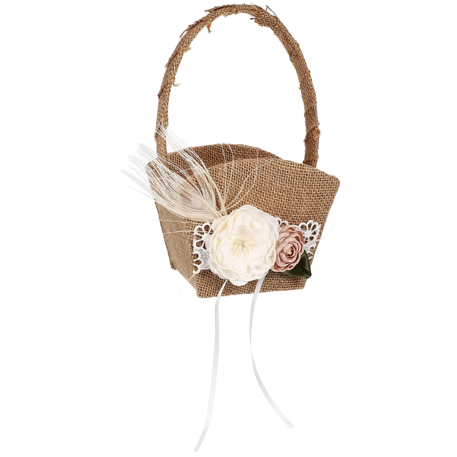 

Изящная свадебная корзина для цветов с декором из перьев, ручной держатель для лепестков для церемонии благословения на цветочном проходе