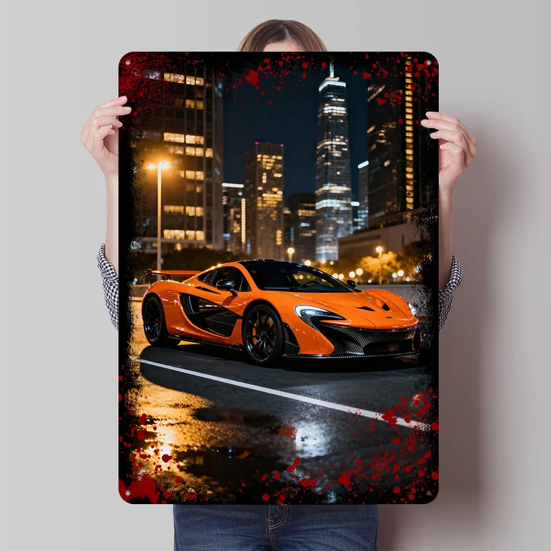 Orange Sports P1 At Night Car Poster, individuelle Vintage-Metallschilder, Wandkunst, Retro-Blechschild zur Dekoration, ästhetische Wanddekoration