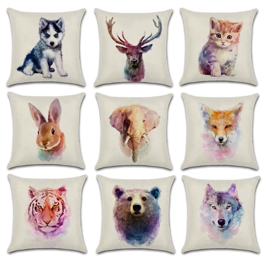 Cute Deer Cat Pillow Case Animal Cotton Linen Pillowcase 40x40 Bed Sofa Living Room Bedroom Pillow Cover Interior for Home Decor