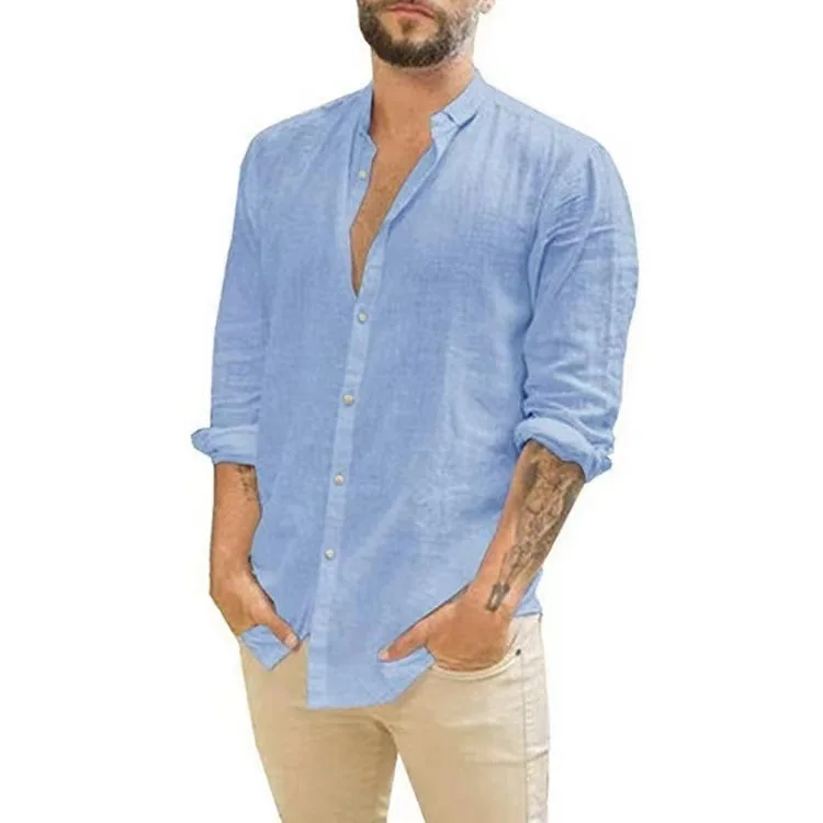 2024 New Shirts European and American Men\'s Loose Linen Shirt Cardigan Solid Color Leisure Collar Long Sleeve Comfort Polo Shirt