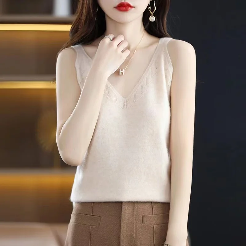 

100% Merino Wool Women Hollow Pullover V-neck Sleeveless Sweater Spring Autumn Winter Knitwear Waistcoat Pure wool camisole vest