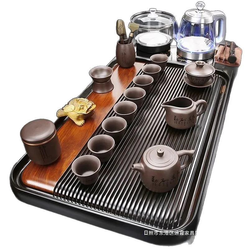 

Fully automatic integrated solid wood glass tea tray set