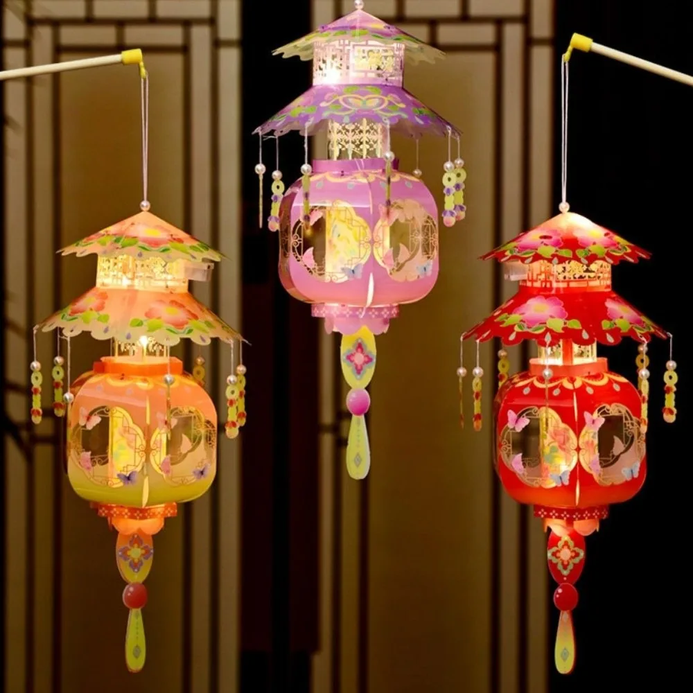 Pagoda Mid-Autumn Festival Lantern PVC Glowing Handheld Lantern Removable Lightweight DIY Craft Material Kit Party Decoration