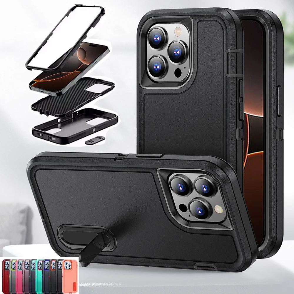 3-in-1 Robuste Stoßfeste Panzerhülle für iPhone Air 17 16 E 15 14 13 12 Pro Max Plus 16E 17E Harte Handyhülle mit Ständer