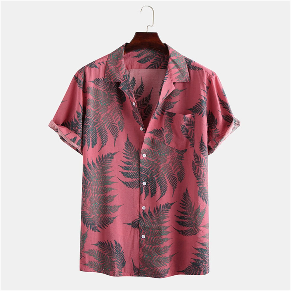 Summer Hawaiian Red Shirts Tropical Shirts Floral Men Tops Casual Shirt Short Sleeve Cotton Button Chemise Loose Vacation Beach