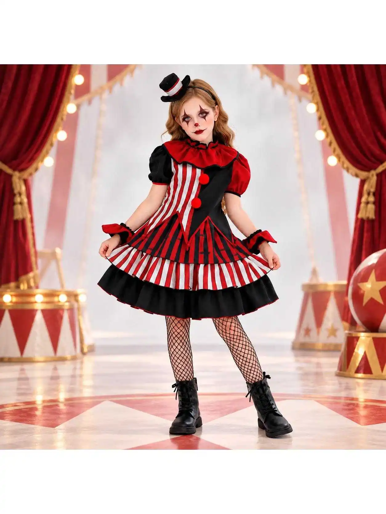 Fantasia de Harlequin para Meninas, Traje de Palhaço para Halloween, Fantasia de Circo com Listras, Cosplay para Festivais e ...