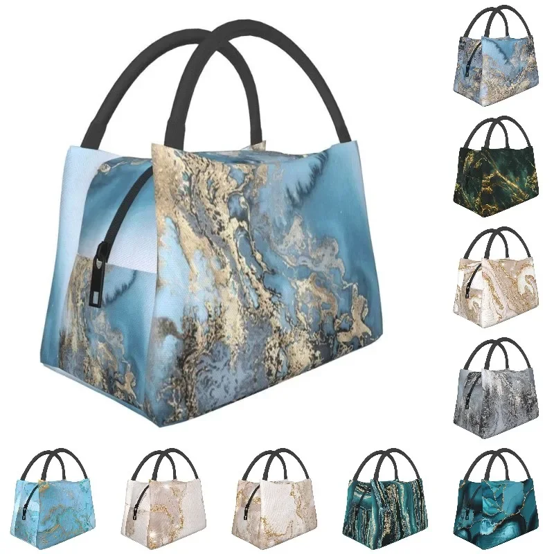 

Blue And Gold Marble Texture Portable Lunch Box for Women Waterproof Geometric Abstract Pattern Cooler Thermal Food Bag