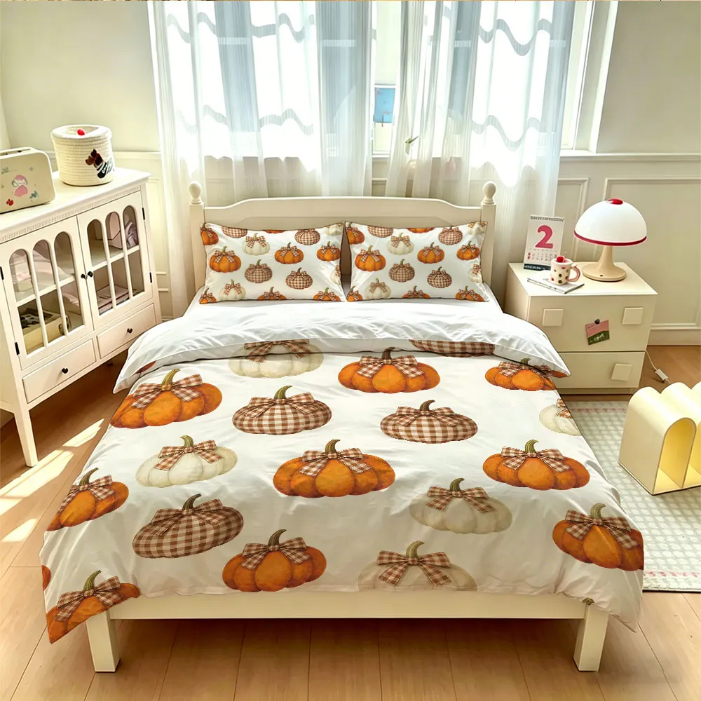 3 Pcs Fall Thanksgiving Duvet Cover Set Pumpkin All Over Print Plaid Bow Print Soft Bedding Set for Home