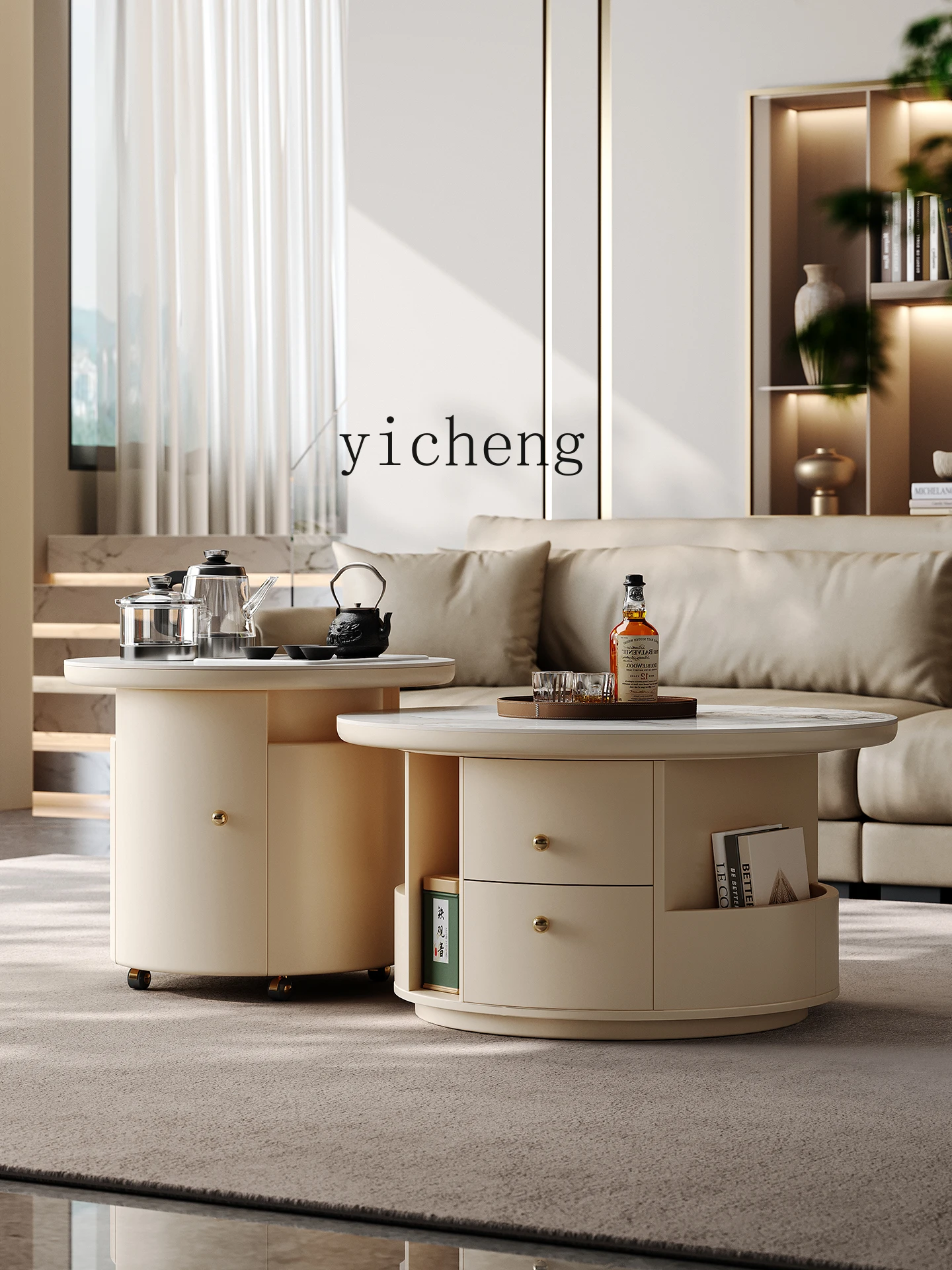 

YXY Rock Slab Tea Table with Tea Brewing Integrated Living Room Home Multi-functional Round Tea Table