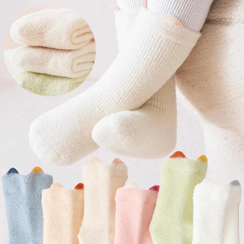 2Pairs Thermische Plüsch kinder Socken Für Winter Dicke Baby Jungen Mädchen Socke Nette Ohren Lange Terry Neugeborenen socken Warme baby Zeug