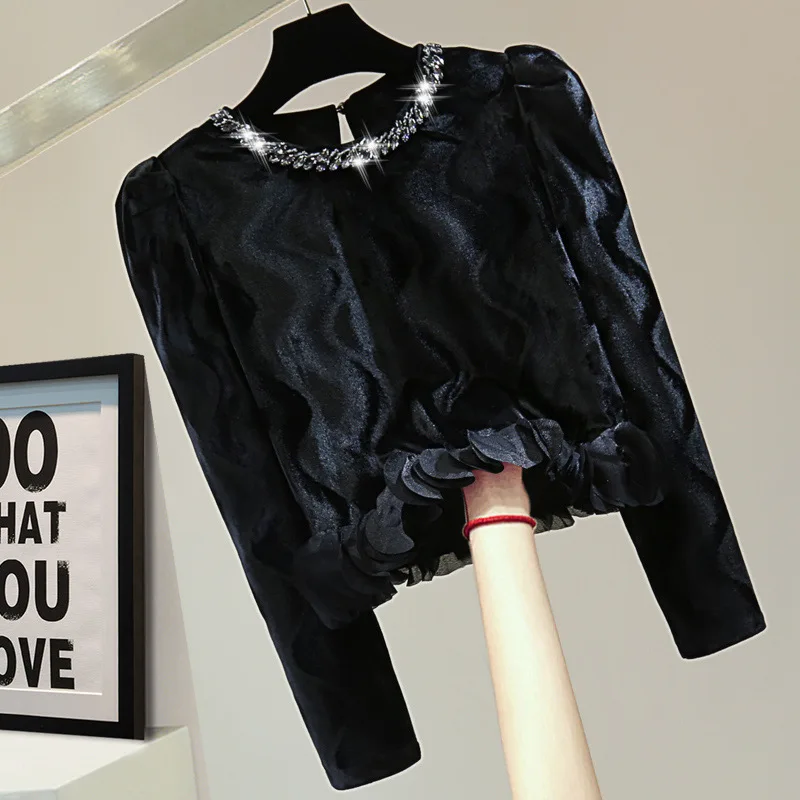 Diamond studded nail bead shiny exterior bottom shirt 2024 autumn Korean  high waist short petal wave edge shirt