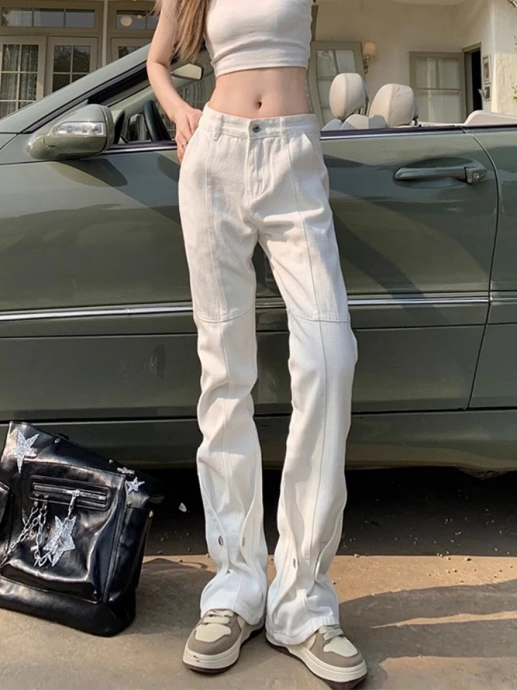 

High Street Vibe White Jeans Retro American Style Men Women Straight Loose Flared Long Trousers High Waist Pure Color Zipper