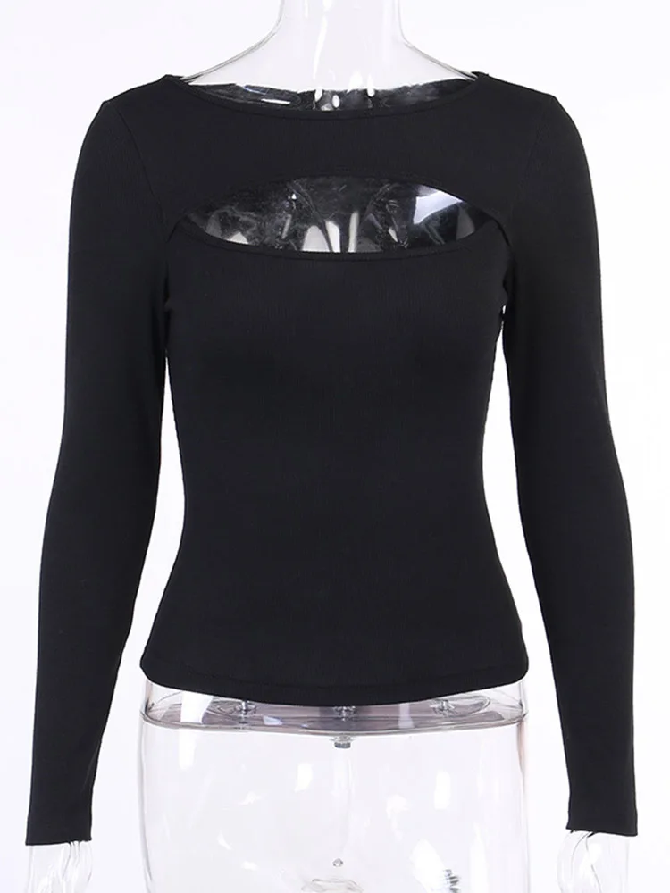 Automne femmes t-shirt évider solide noir blanc à manches longues tricoté t-shirt hauts décontracté mince col rond 2024 mode t-shirt