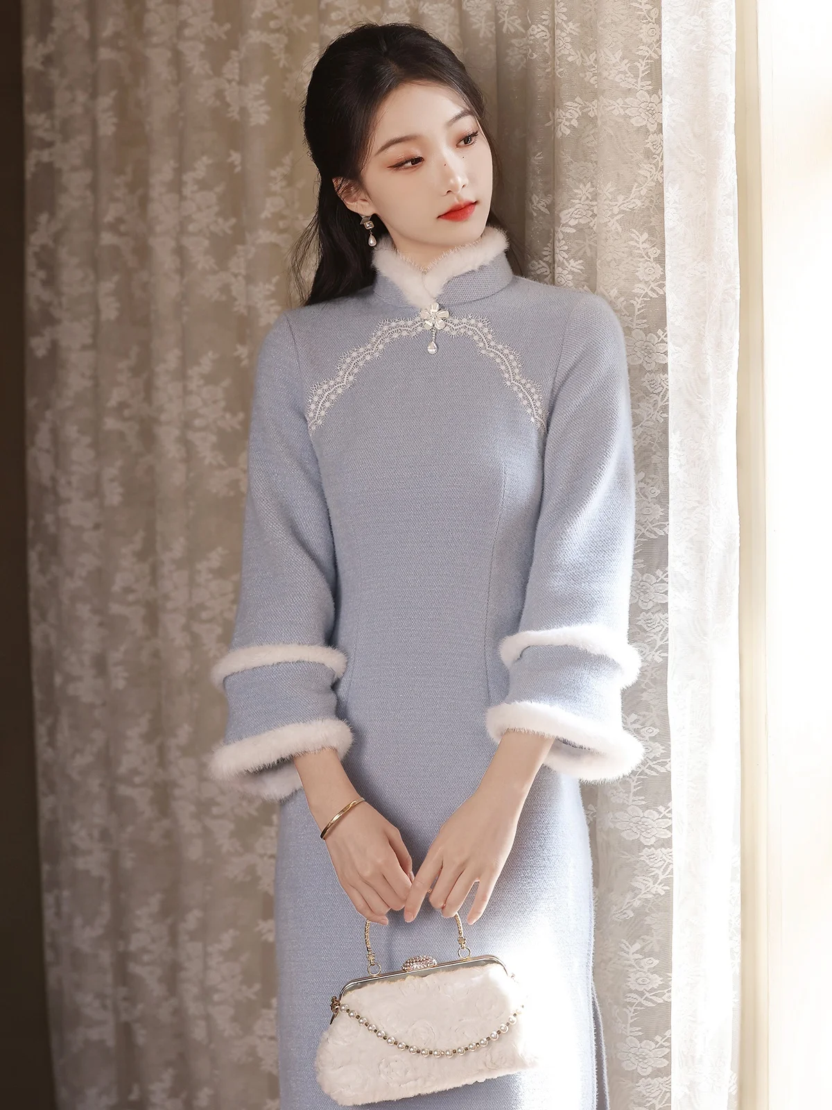 Young Gentle Chenille Light Blue Fur Collar Cheongsam Winter New Daily Warm Cosy Girl