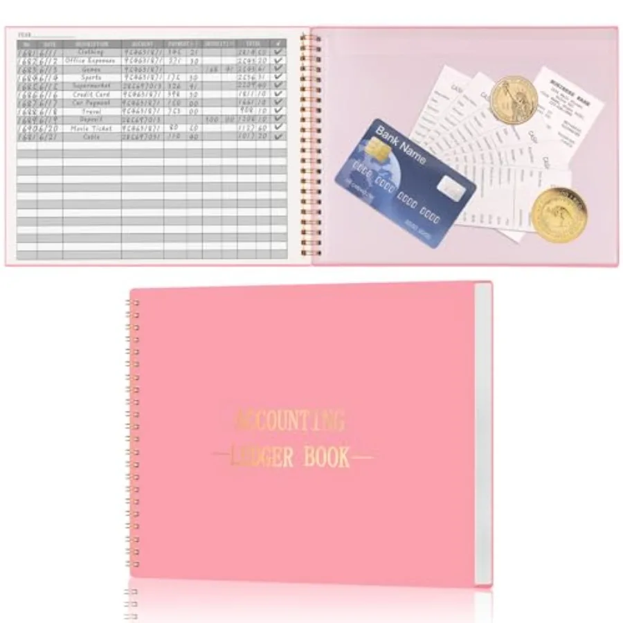 Accounting Ledger Book for Small Business Bookkeeping Home Budget Tracking with 2 Storage Pouch, Accounting Log Journal Persona