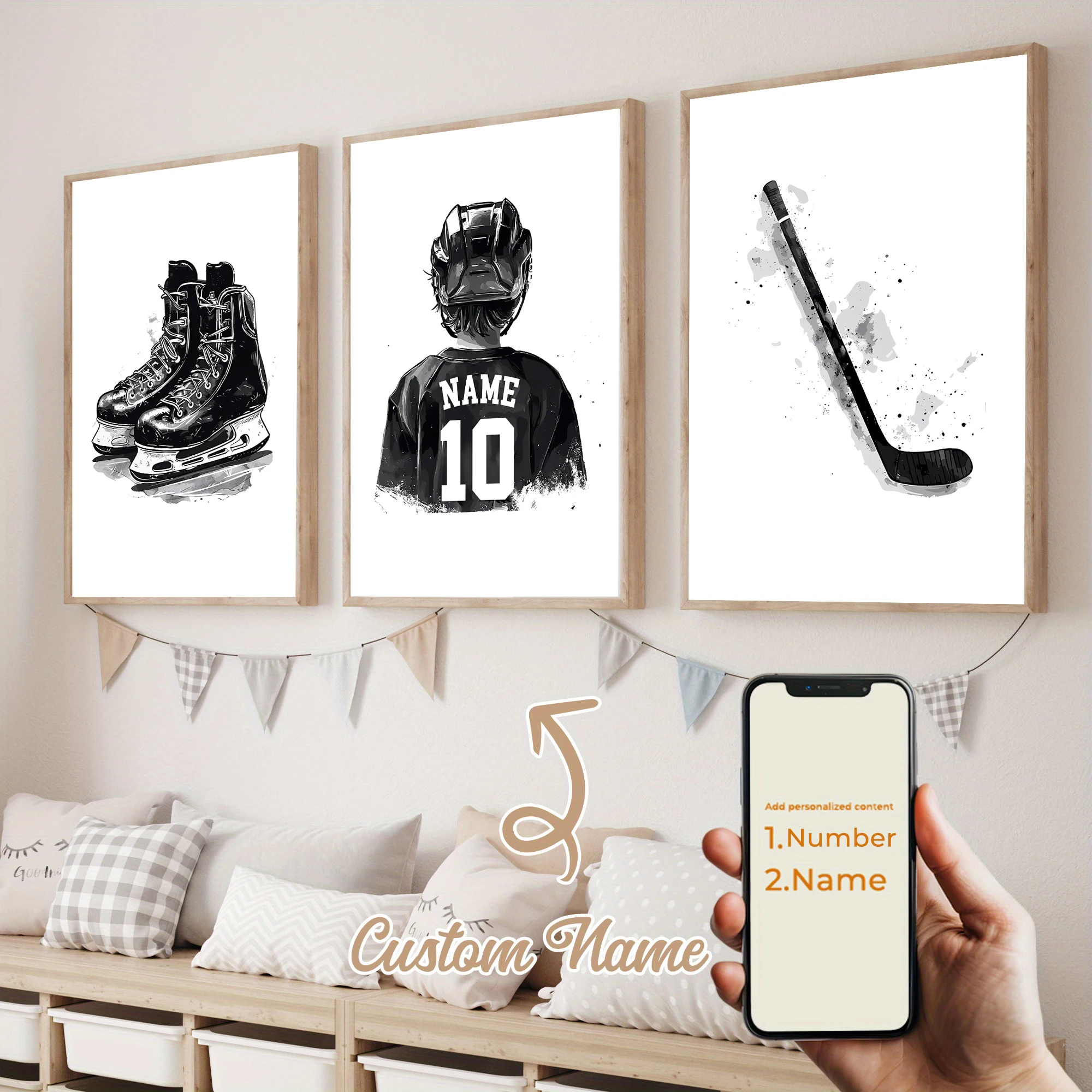 3pcs/set Custom Personalized Hockey Canvas Prints Customized Hockey Name Number Wall Art Posters for Modern Boy Room Home Decor