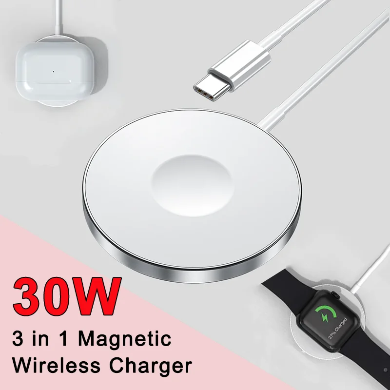 30W 3 In 1 Magnetic Wireless Charger Stand Pad for iPhone 15 14 13 12 Pro Max iWatch Airpods pro Mini Fast Charger Station