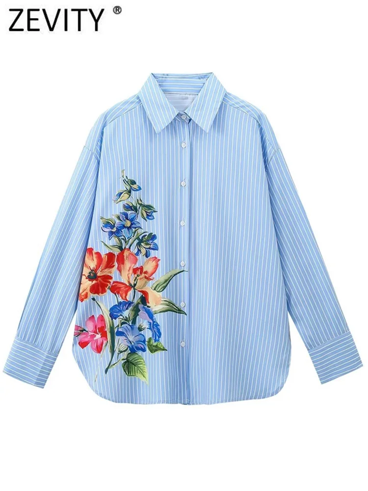 Zevity 2024 Women Fashion Floral Print Casual Striped Smock Blouse Office Lady Business Shirt Chic Chemise Blusas Tops LS7112