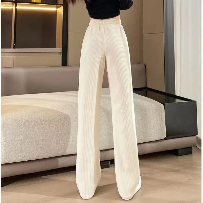 Corduroy High Waist Casual Pants Women Baggy Wide Leg Trousers Plus Velvet Thicker Solid All-match Drawstring Warm Streetwear