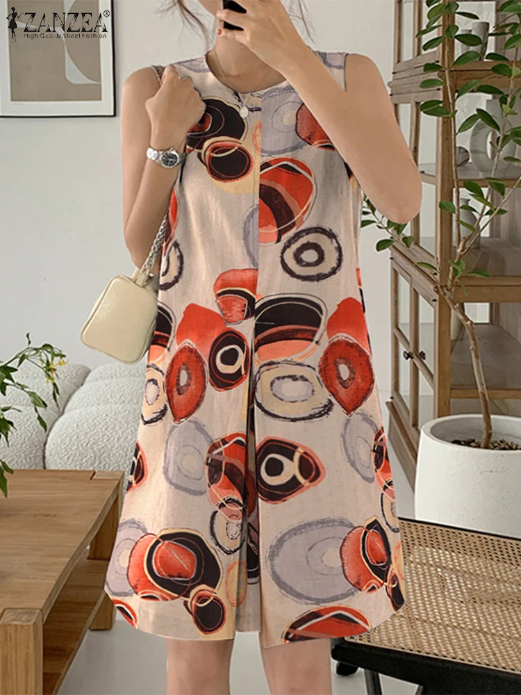 ZANZEA 여성 여름 코튼 린넨 미니 드레스 캐주얼 라운드 넥 민소매 인쇄 짧은 가운 휴가 데이웨어 Vestidos Mujer