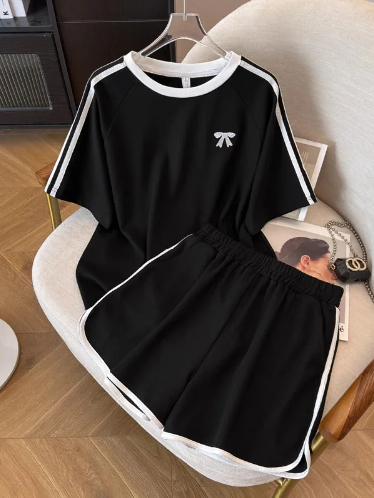 Fashion Sports Suit Summer New Bow Embroidered Short-Sleeved Top+Wide Leg Shorts Black2-Piece Set Plus Size Casual Sets Women