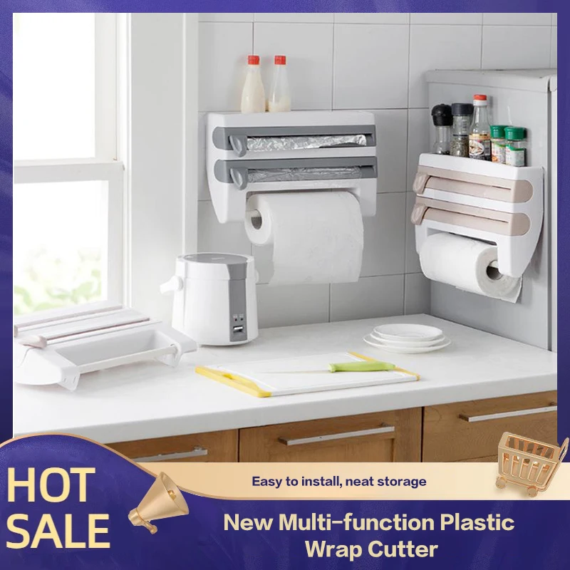 Pro Multi-Functional Wall Mounted Sliding Cutter For Plastic Wrap Foil And Paper Towel Holder No-Drill Kitchen Storage Rack 293