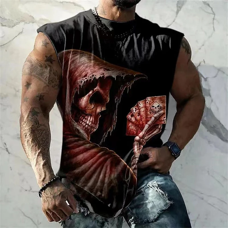 

2023 Fashion Men Skull Poker Printed Hip Hop Vest New Summer Casual Round Neck T-shirt Men Sleeveless Streetwear Pullover Blouse