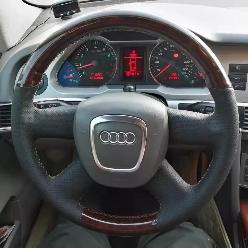 

For Audi A3 A4 B8 A5 A6 C6 A8 Q5 Q7 4-Spoke without button Hand Stitched Peach wood grain Genuine Leather Steering Wheel Cover