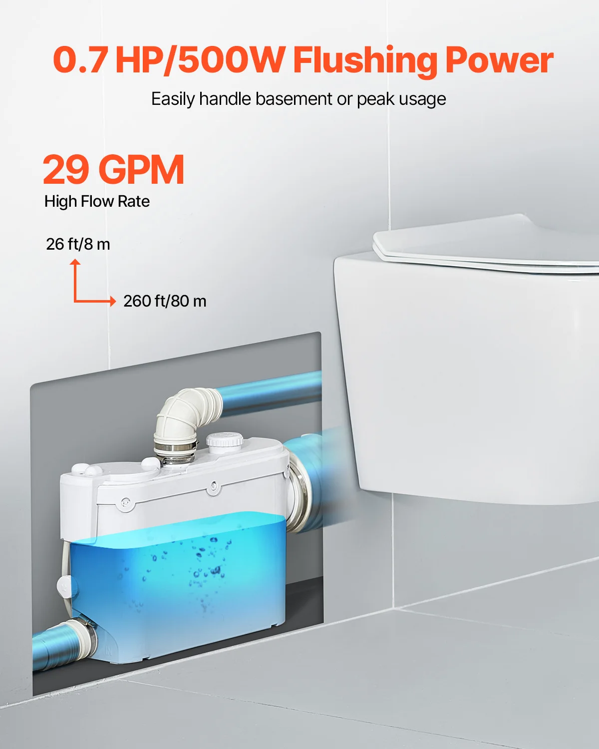 VEVOR Macerator Pump 500W 29 GPM Flow 26 ft/8 m Head Wall-Hung Toilet Pump, 4 Water Inlets, Waste Water Disposal Upflush Machine