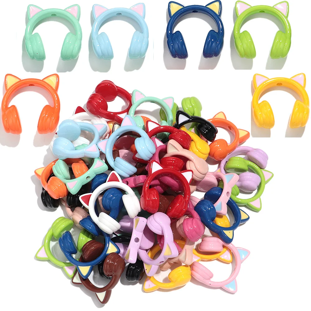 10Pcs Colorful Cat Ears Headphone Acrylic Loose Beads Charm For DIY Craft Keychain Necklace Pendant Accessories