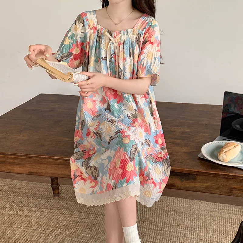 M-2XL vestido de pijama de talla grande para mujer, camisón versión coreana de verano, ropa de descanso de manga corta de algodón con nube, se puede usar en el exterior