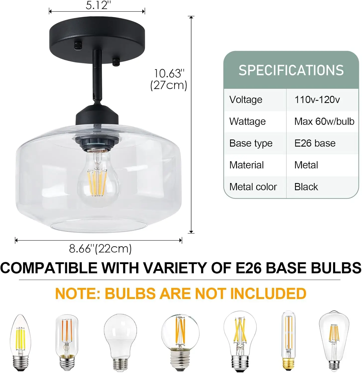 Matte Black Semi Flush Mount Light, sombra de vidro transparente, ajustável para tetos inclinados, cozinha, corredor, sala de estar