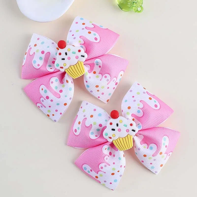 Oaoleer 2Pcs/set Sweet Girls Hair Bow Clips For Children Cute Ribbon Dessert Hairpin Barrette Kids Headwear Hair Accessories