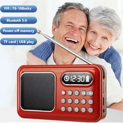 Mini Pocket FM Radio Portable Rechargeable Radios Receiver Wireless Bluetooth Speaker TF Card USB Music Player Power off Memory