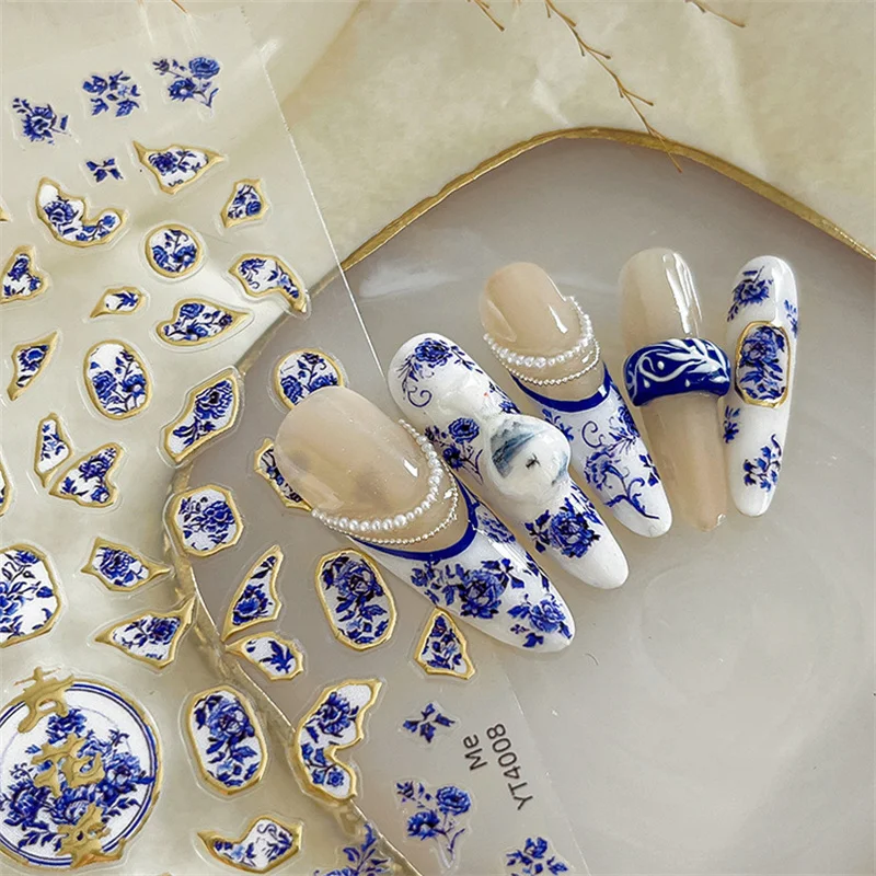 1 folha de adesivo de unha de porcelana azul e branca estilo chinês, adesivo de arte de unha de cerâmica com adesivo, adesivo de arte de unha DIY