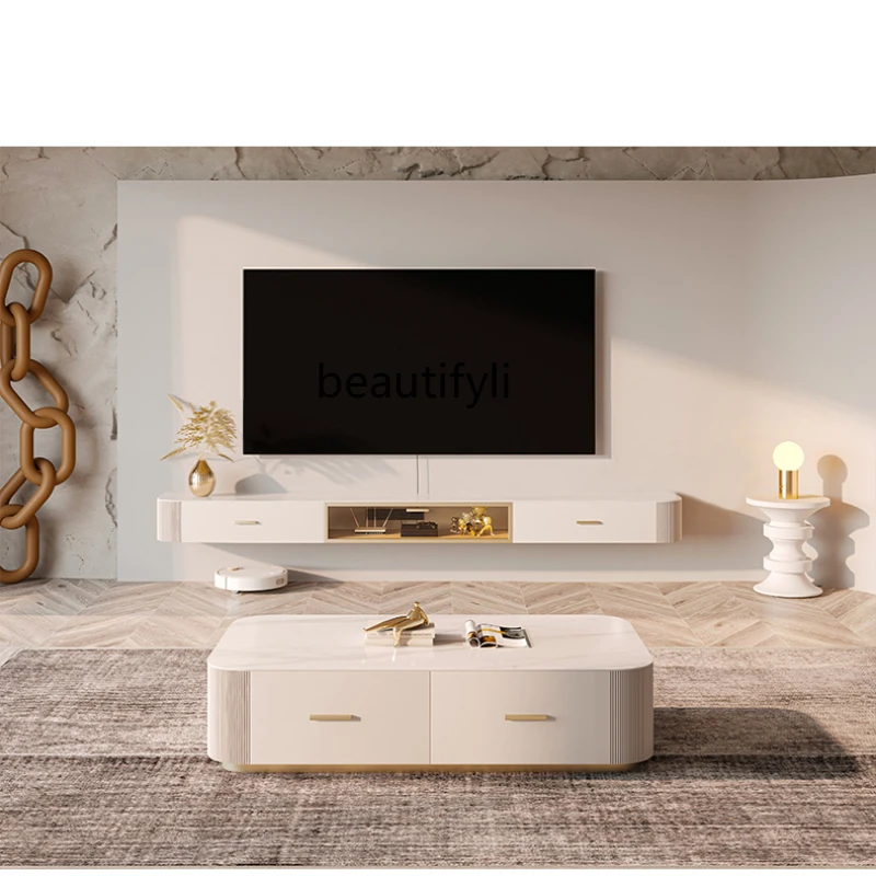 

LBX Stone Plate Hanging TV Cabinet and Tea Table Combination Glass Simplicity Modern Light Luxury Solid Wood Living Room