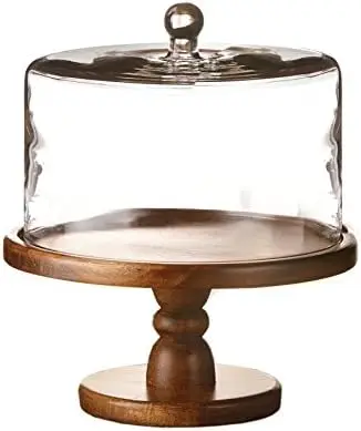 

Elegant Wooden Pedestal Plate with Glass Dome, Brown, 11.8x12.2", Perfect for Serving Cakes and Pies
