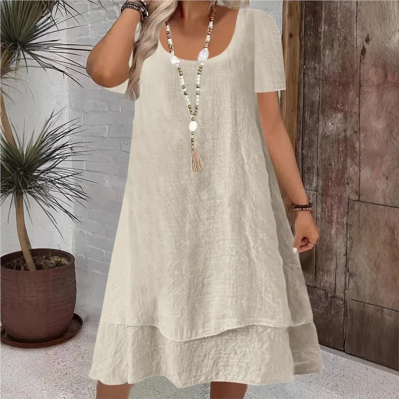 

Двухслойное платье с круглым вырезом и короткими рукавами для женщин, весенне-летний пляжный стиль, универсальное платье для отдыха и повседневной носки.