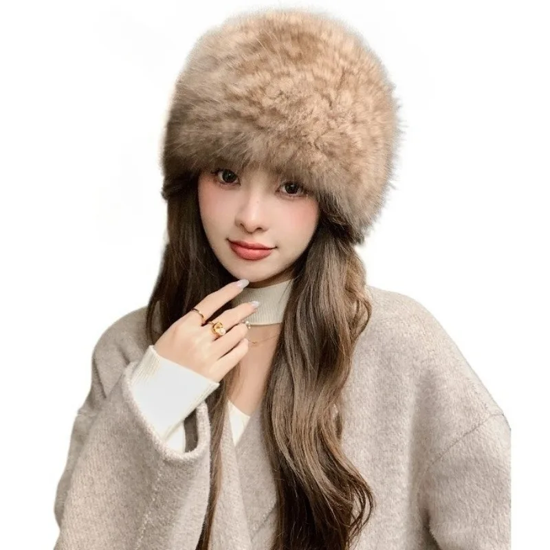 

Winter warm sable hair woven fur hat elastic bald hat female ear protector real hair double-sided mink hair round hat