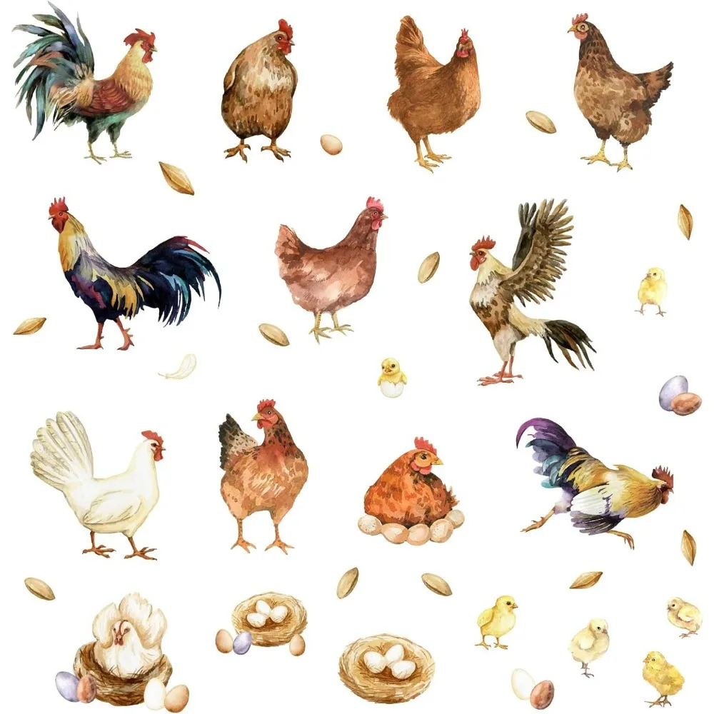 Farm Chicken Wall Decals Stickers 35 Pieces Roosters Hen Decorations Self-Adhesive Vinyl Art for Home Dining Room Kitchen