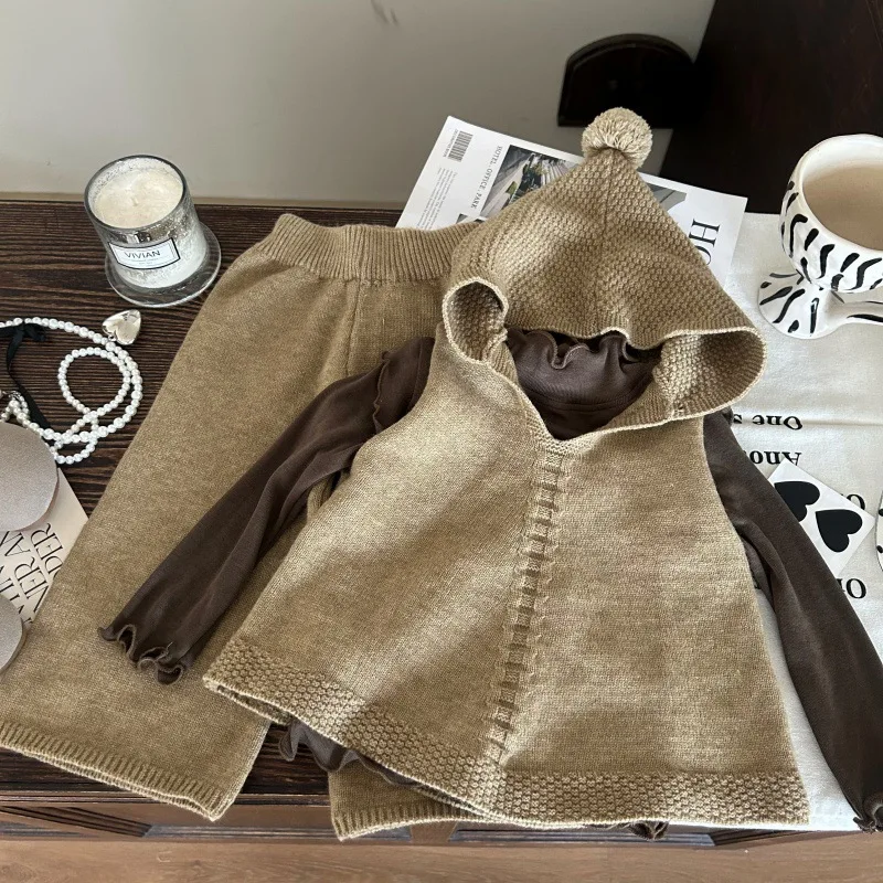 

Children's Clothing2025New Autumn Girls' Ruffled Edge Base Shirt Knitted Hooded Vest Casual Pants Three-Piece Set