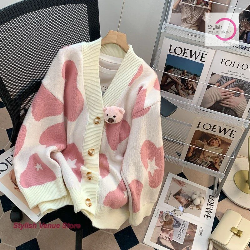 النمط الفرنسي التباين اللون الحب سترة معطف المرأة الخريف والشتاء بالإضافة إلى حجم سترة فضفاضة سترة الدب معطف الزخرفية #5