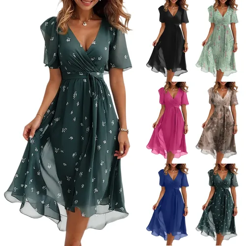 Imagen 2 del producto Vestido fino de verano para mujer, moda informal diaria, arrugas, cuello en V, cintura ceñida, corte en A, vestido con cremallera, vestido ligero y cómodo para vacaciones