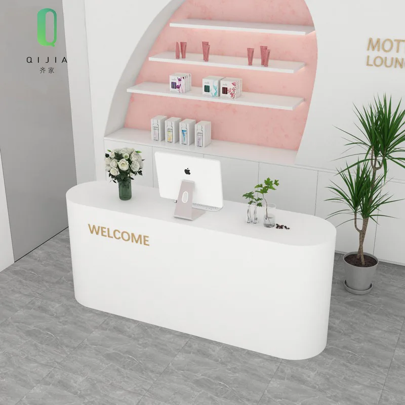 White curved clothing store checkout page beauty salon manicure front desk creative company reception desk