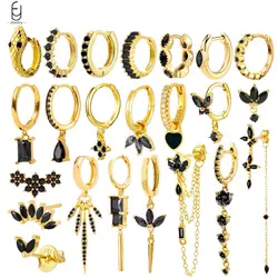 Fibbie per orecchie in argento sterling 925 Orecchini a cerchio alla moda Orecchini pendenti in cristallo nero Orecchini in oro Regali di gioielli da donna di alta qualità