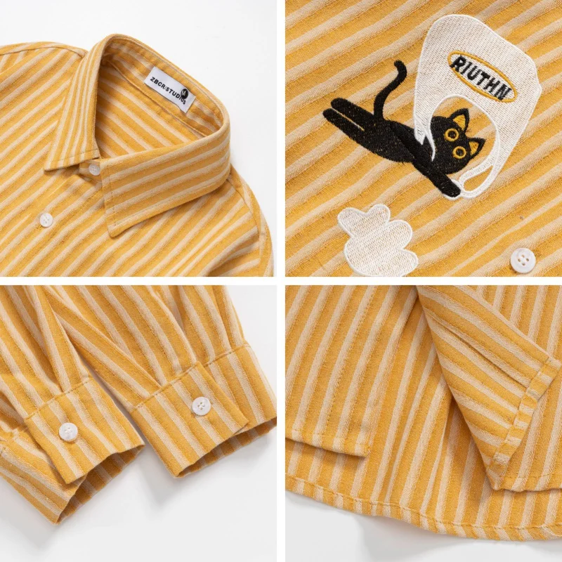 W2EJOURNEY Kemeja Lengan Panjang Motif Kucing Lucu Vintage Berkualitas Tinggi Ukuran EU US Mewah untuk Luar Ruangan Unisex Musim Gugur Kemeja Kasual Bergaris