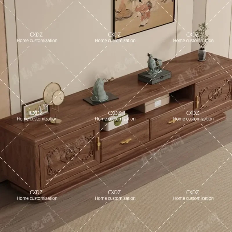Solid Wood TV Cabinet and Coffee Table Combo Living Room Storage Unit Black Walnut Retro Floor Standing Media Console for