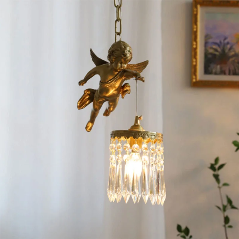 Vintage Angel Pendant Light French sculptural lamp antique Crystal Lamp for living room luxury brass lamp Bedroom Bedside Light